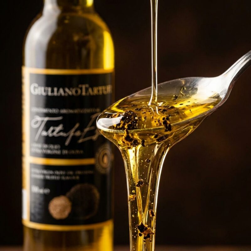 Closeup Zwarte Truffelolie met Stukjes Zwarte Truffel