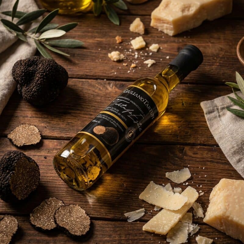 Sfeerbeeld Zwarte Truffelolie met Stukjes Zwarte Truffel