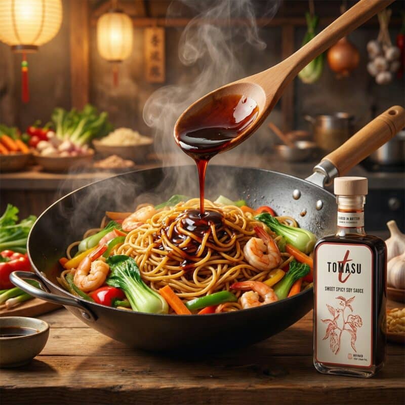 Noodles met Tomasu Sweet Spicy Sojasaus