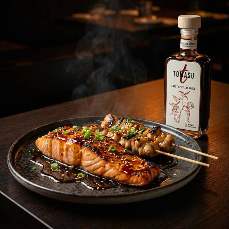 Zalm met Tomasu Sweet Spicy Sojasaus