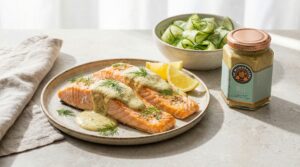Crispy zalm uit de oven met dille mosterdsaus